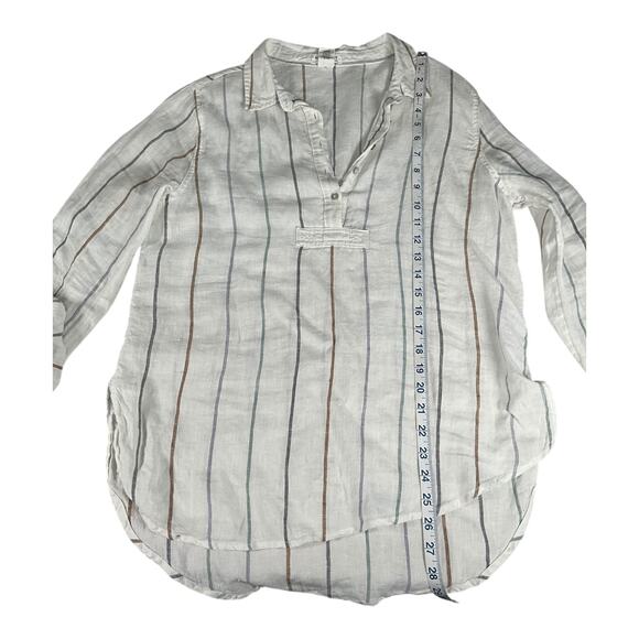 ARTISANNY 100% Linen Size Medium White Stripped Tunic 1/4 Button Down Lounge - Picture 6 of 11